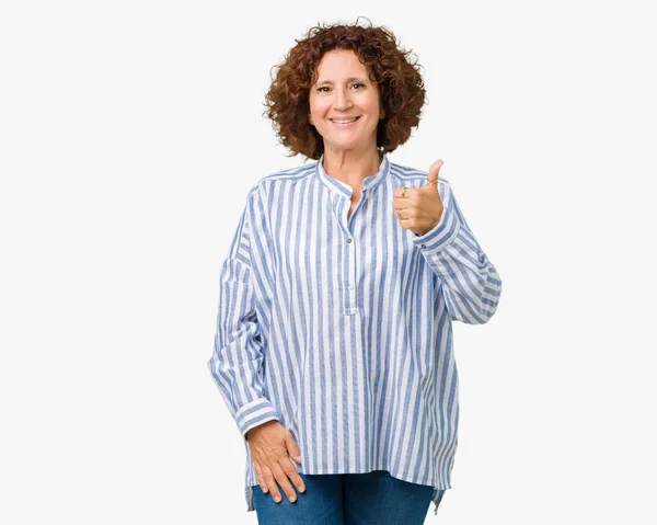 Beautiful Middle Ager Senior Woman Wearing Navy Shirt Isolated Background — Stock Photo, Image