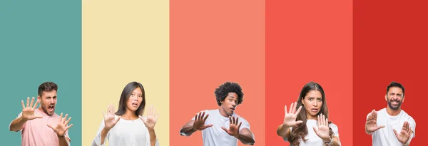 Colagem Diferentes Etnias Jovens Sobre Listras Coloridas Fundo Isolado Medo — Fotografia de Stock