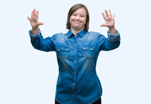 Young Adult Woman Syndrome Isolated Background Showing Pointing Fingers Number — Stock Photo, Image