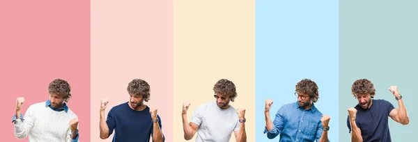 Colagem Jovem Homem Casual Sobre Listras Coloridas Fundo Isolado Muito — Fotografia de Stock