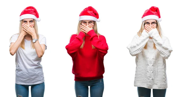 年轻美丽的金发碧眼的女人在孤立的背景下戴着圣诞帽拼贴了拼贴 用手震惊地捂住嘴犯了错误 秘密概念 — 图库照片
