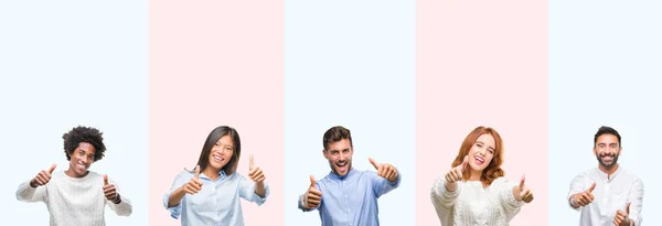 Collage Grupp Ungdomar Över Färgglada Isolerade Bakgrunden Godkänner Tummen Gör — Stockfoto