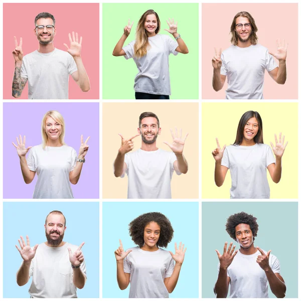 Colagem Pessoas Grupo Mulheres Homens Sobre Fundo Isolado Colorido Mostrando — Fotografia de Stock