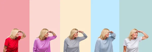 Collage Medelåldern Senior Vacker Kvinna Över Färgglada Ränder Isolerade Bakgrund — Stockfoto
