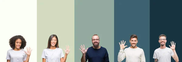 Collage Grupp Ungdomar Över Färgglada Isolerade Bakgrund Visar Och Pekar — Stockfoto