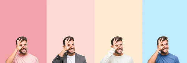 Collage Handsome Young Man Colorful Stripes Isolated Background Doing Gesture — Stock Photo, Image