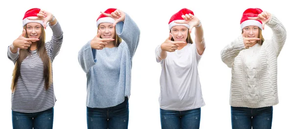 Collage Ung Flicka Klädd Jul Hatt Över Vit Isolerade Bakgrund — Stockfoto