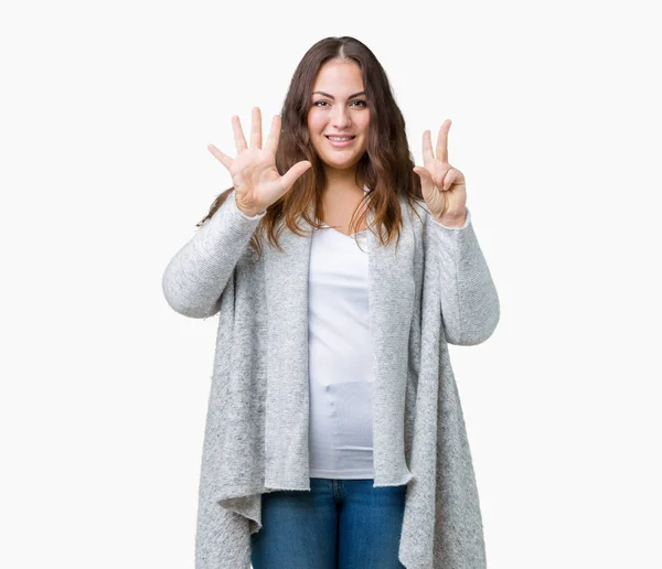Mulher Bonita Size Usando Jaqueta Inverno Sobre Fundo Isolado Mostrando — Fotografia de Stock