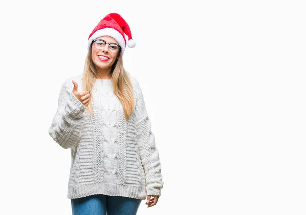 Jovem Mulher Bonita Vestindo Chapéu Natal Sobre Fundo Isolado Fazendo — Fotografia de Stock