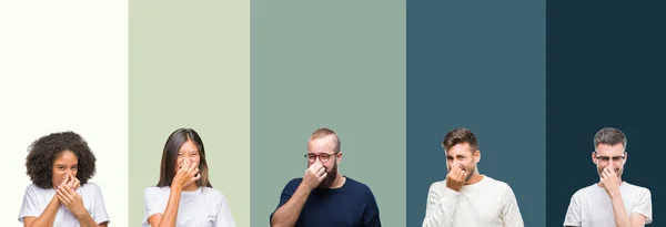 Collage Grupp Ungdomar Över Färgglada Isolerade Bakgrund Lukta Något Illaluktande — Stockfoto