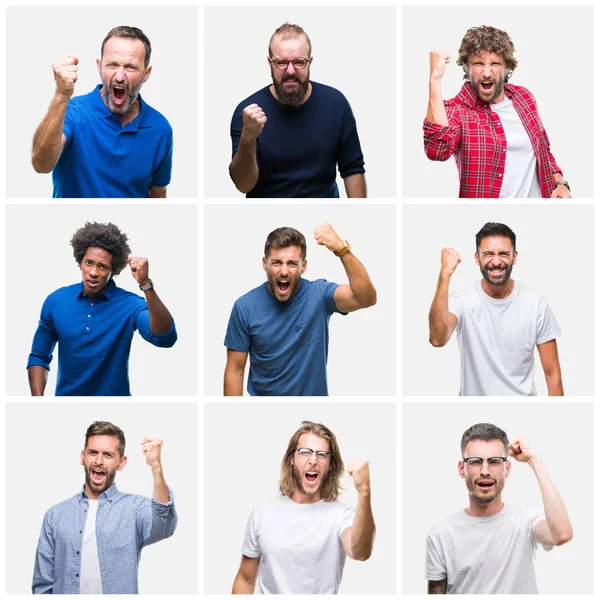 Collage Van Groep Mannen Witte Geïsoleerde Achtergrond Boos Gekke Verhogen — Stockfoto