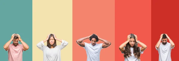 Collage Diferentes Etnias Jóvenes Sobre Rayas Colores Aislados Fondo Que — Foto de Stock