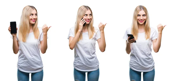 Collage Von Jungen Schönen Blonden Lässigen Frau Mit Smartphone Über — Stockfoto