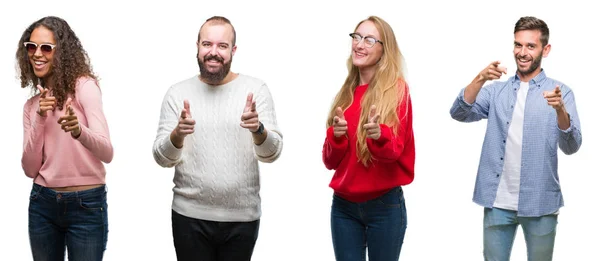 Colagem Grupo Jovens Sobre Fundo Isolado Branco Apontando Dedos Para — Fotografia de Stock