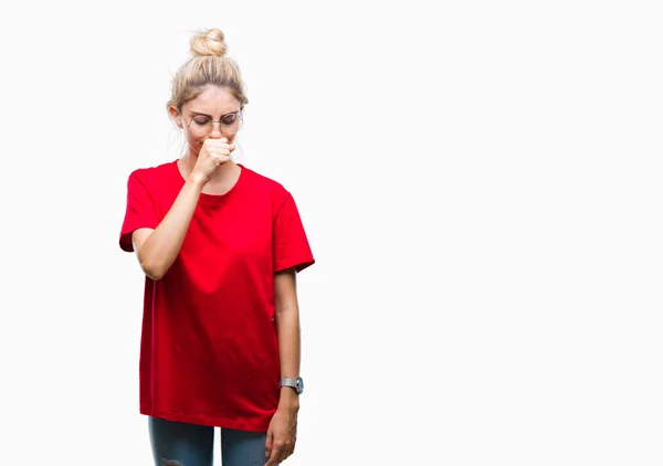 Ung Vacker Blond Kvinna Klädd Röd Shirt Och Glasögon Över — Stockfoto