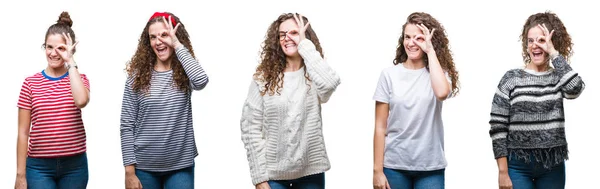 Collage Von Jungen Brünetten Lockigen Haaren Mädchen Über Isoliertem Hintergrund — Stockfoto