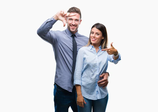 Young Workers Business Couple Isolated Background Smiling Making Frame Hands — Stock Photo, Image