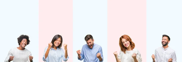 Collage of group of young people over colorful isolated background very happy and excited doing winner gesture with arms raised, smiling and screaming for success. Celebration concept.