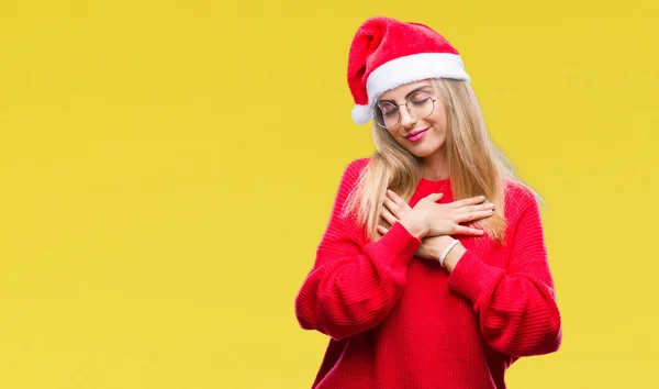 Jovem Mulher Loira Bonita Vestindo Chapéu Natal Sobre Fundo Isolado — Fotografia de Stock