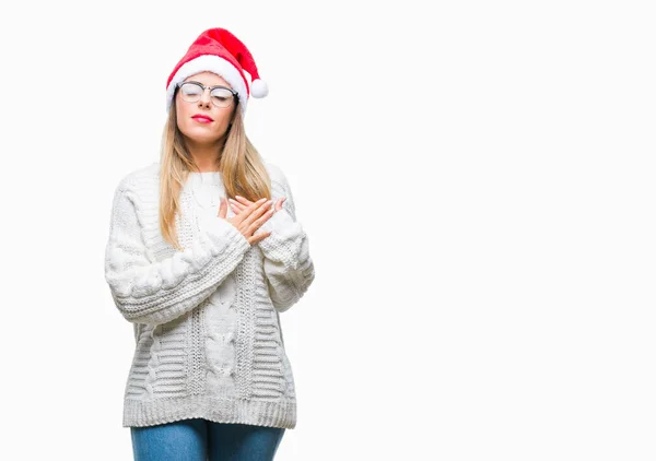 Joven Hermosa Mujer Con Sombrero Navidad Sobre Fondo Aislado Sonriendo — Foto de Stock