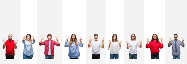 Kolaj Farklı Etnik Gençlerin Gösterilen Parmakları Ile Işaret Beyaz Çizgili — Stok fotoğraf