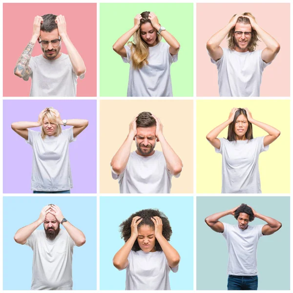 Collage Von Gruppenmenschen Frauen Und Männern Über Bunte Isolierte Hintergrund — Stockfoto