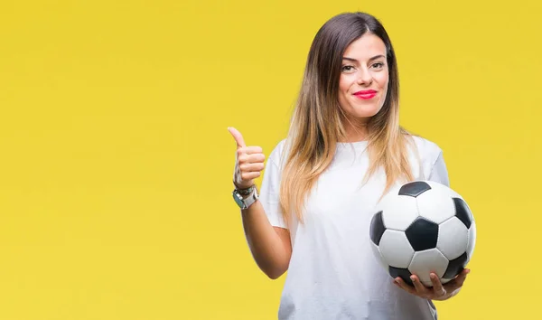 Futbol Topu Tutan Genç Güzel Kadın Arka Plan Mutlu Işareti — Stok fotoğraf