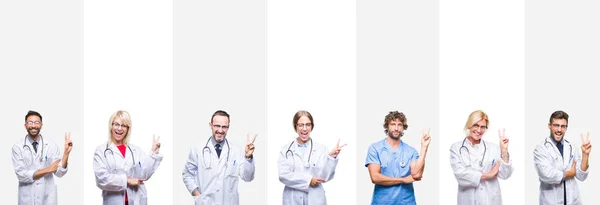 Collage Medici Professionisti Strisce Sfondo Isolato Sorridente Con Volto Felice — Foto Stock