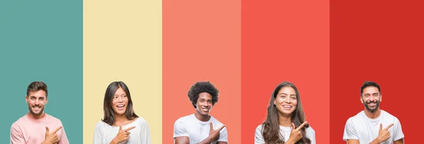 Collage Olika Etnisk Ungdomar Över Färgglada Ränder Isolerade Bakgrund Glada — Stockfoto