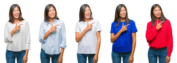 Skład Chiński Asian Kobieta Białym Tle Wesoły Uśmiechem Twarzy Wskazując — Zdjęcie stockowe