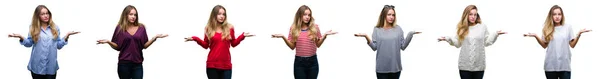 Collage Young Beautiful Blonde Woman Isolated Background Clueless Confused Expression — Stock Photo, Image