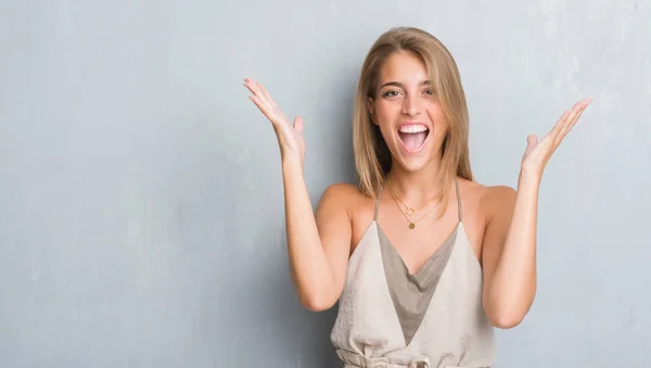 Beautiful Young Woman Standing Grunge Grey Wall Very Happy Excited — Stock Photo, Image