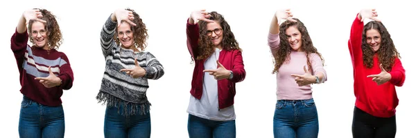 Collage Joven Morena Pelo Rizado Chica Sobre Fondo Aislado Sonriendo — Foto de Stock