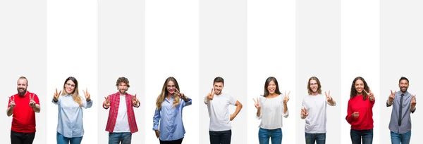 Collage Different Ethnics Young People White Stripes Isolated Background Smiling — Stock Photo, Image