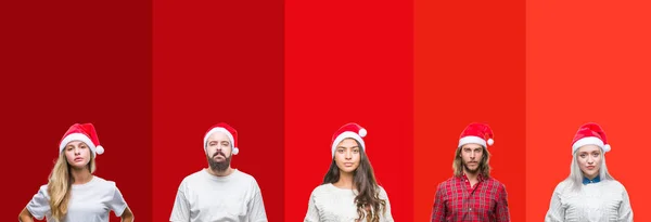 Collage Group Young People Wearing Chrismast Hat Isolated Background Serious — Stock Photo, Image