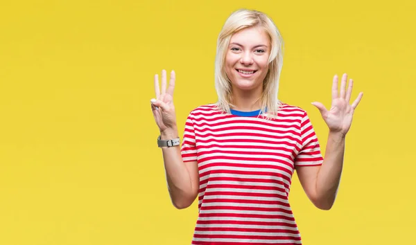 Genç Güzel Sarışın Kadın Gösterilen Parmakları Ile Işaret Izole Arka — Stok fotoğraf