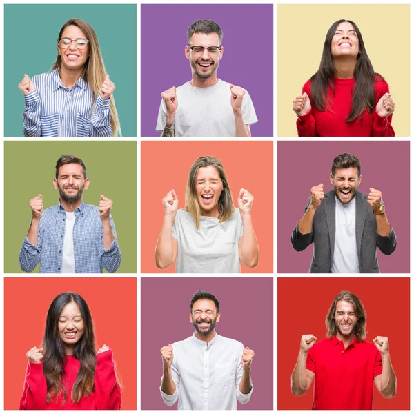 Collage Persone Gruppo Donne Uomini Sfondo Isolato Colorato Eccitato Successo — Foto Stock