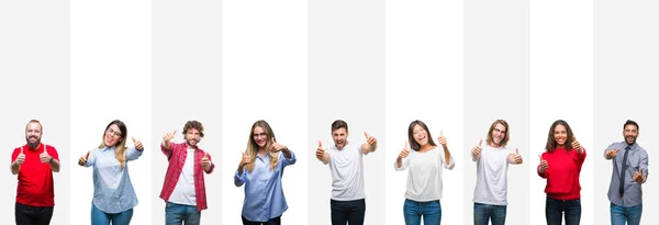 Collage Different Ethnics Young People White Stripes Isolated Background Approving — Stock Photo, Image