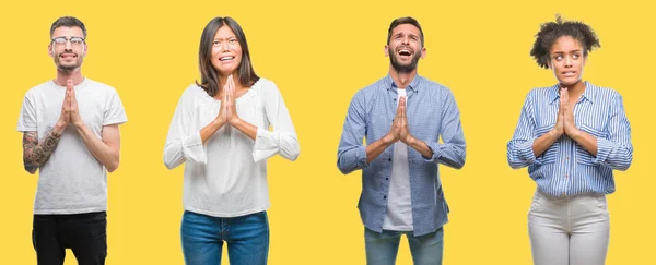 Collage Aus Gruppenmenschen Frauen Und Männern Vor Buntem Gelben Isolierten — Stockfoto