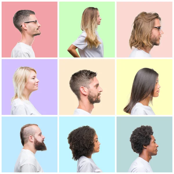 Collage Von Gruppenmenschen Frauen Und Männern Über Buntem Isoliertem Hintergrund — Stockfoto