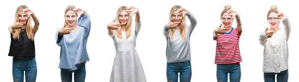 Colagem Jovem Bela Mulher Loira Sobre Fundo Isolado Sorrindo Fazendo — Fotografia de Stock