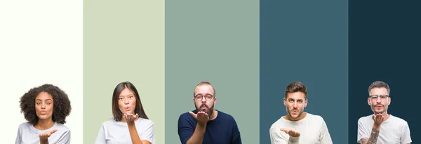 Collage Grupp Ungdomar Över Färgglada Isolerade Bakgrund Tittar Kameran Blåser — Stockfoto