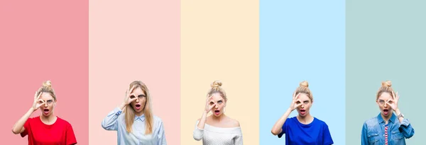 Collage Hermosa Mujer Rubia Sobre Rayas Colores Fondo Aislado Haciendo —  Fotos de Stock