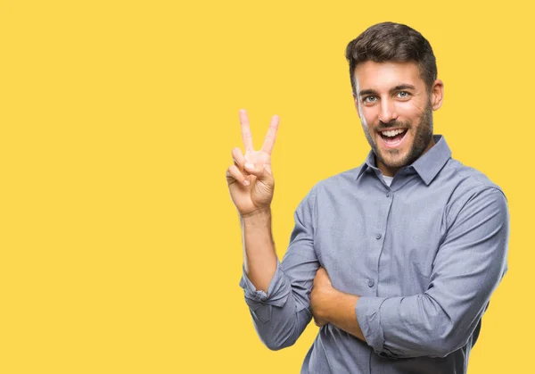 Joven Hombre Guapo Sobre Fondo Aislado Sonriendo Con Cara Feliz — Foto de Stock