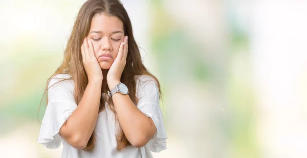 Junge Schöne Brünette Geschäftsfrau Mit Isoliertem Hintergrund Müde Hände Die — Stockfoto