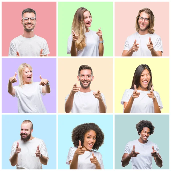 Collage Van Groep Mensen Vrouwen Mannen Kleurrijke Geïsoleerde Achtergrond Wijzen — Stockfoto