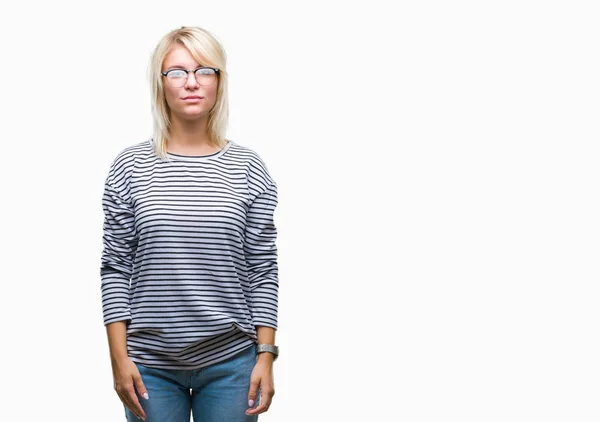 Young Beautiful Blonde Woman Wearing Glasses Isolated Background Serious Expression — Stock Photo, Image