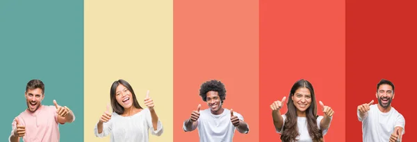 Коллаж Различных Этнических Молодых Людей Красочных Полосах Изолированный Фон Одобряющий — стоковое фото