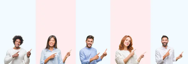 Collage Van Groep Jongeren Kleurrijke Geïsoleerde Achtergrond Glimlachen Kijken Naar — Stockfoto
