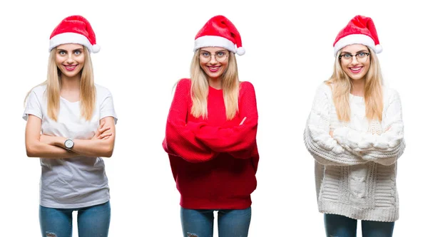 Collage Joven Hermosa Mujer Rubia Con Sombrero Navidad Sobre Fondo — Foto de Stock